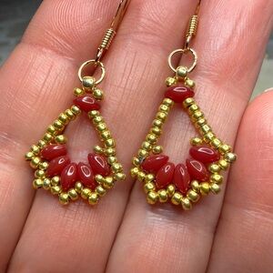 Elegant Gold and Red Beaded Earrings